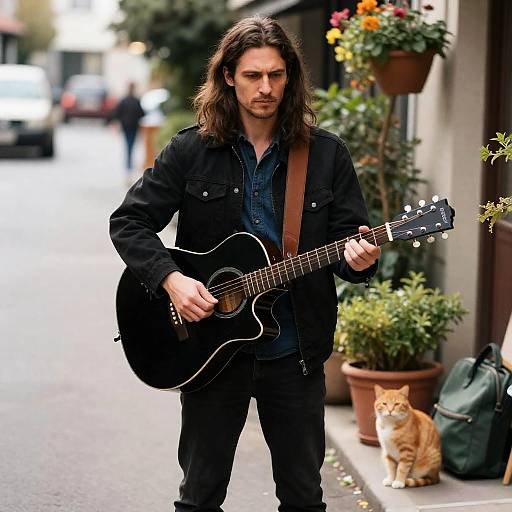 Man Playing Guitar on Street with Cat