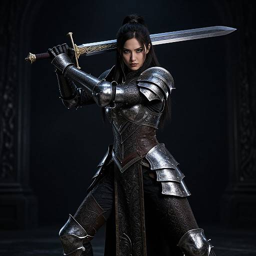 CGI image of a fierce, dark-haired woman in silver, ornate armor holding a sword over her shoulder in a dimly lit, medieval-style