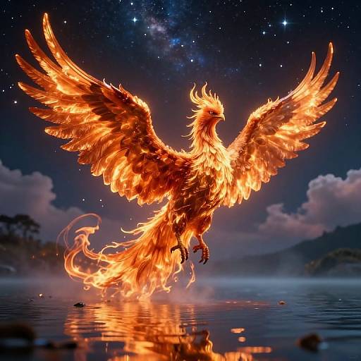 Digital art of a fiery phoenix with outspread wings, glowing orange and red, soaring above a calm, starlit night water surface.