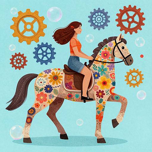 Illustration of a brown-haired woman in an orange top and blue skirt riding a colorful, flower-patterned horse with gears floating around.