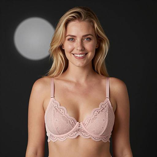 Smiling Blonde Woman in Pink Lace Bra