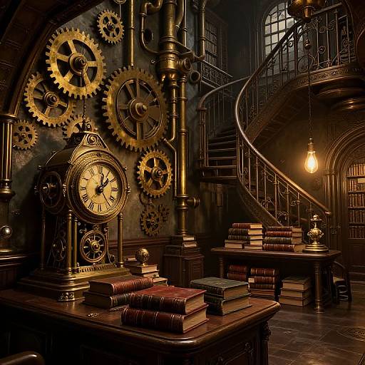 Steampunk library: Dark, richly detailed room with large clock, brass gears, spiral staircase, illuminated books, and warm, vintage lighting.