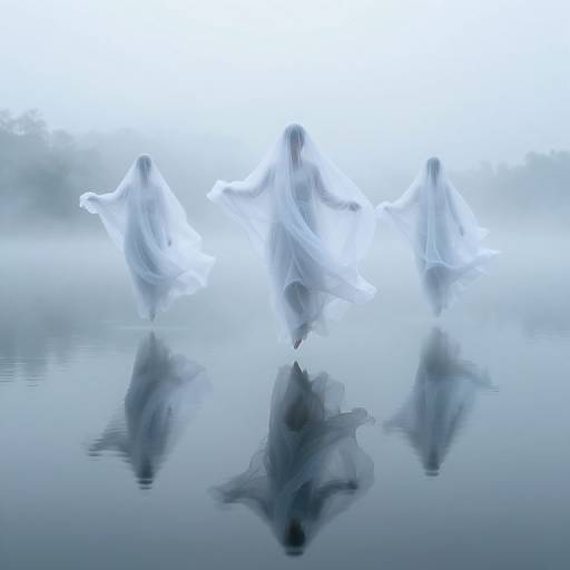 Ethereal Spectral Figures on Misty Lake