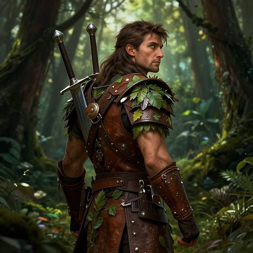 Digital fantasy art of a muscular, long-haired man with brown leather armor adorned with leafy patches, standing in a lush, green forest, holding a