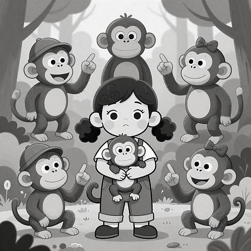 Curious Girl and Playful Monkeys Scene