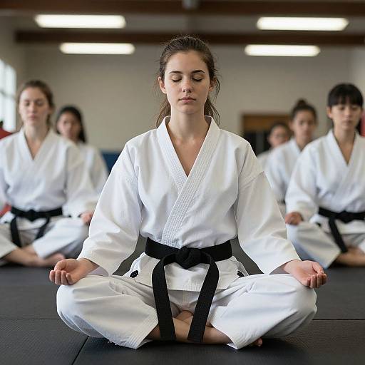 Photograph of a young woman with light brown hair in a white judo gi and black belt, meditating cross-legged in a dojo with other similarly