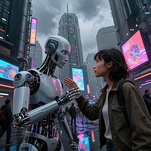 Photograph-style CGI: Cyberpunk city street, rainy night, woman with short black hair and green jacket touches robotic silver android's chest, neon bill