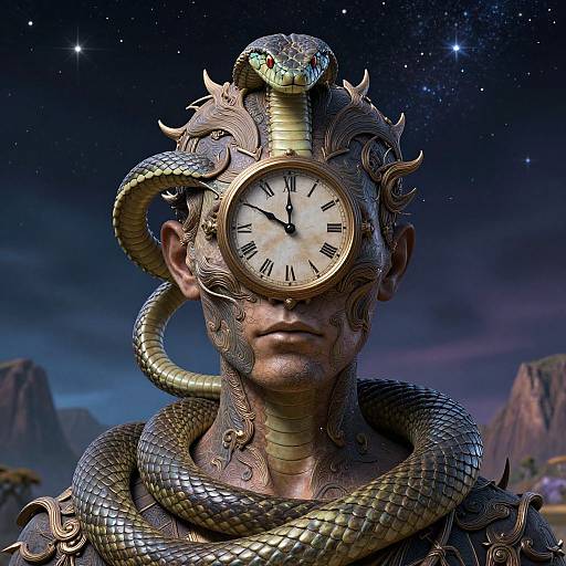 Digital artwork of a bronze-skinned man with a snake helmet, featuring a clock face on his forehead and snakes coiled around his head and neck,