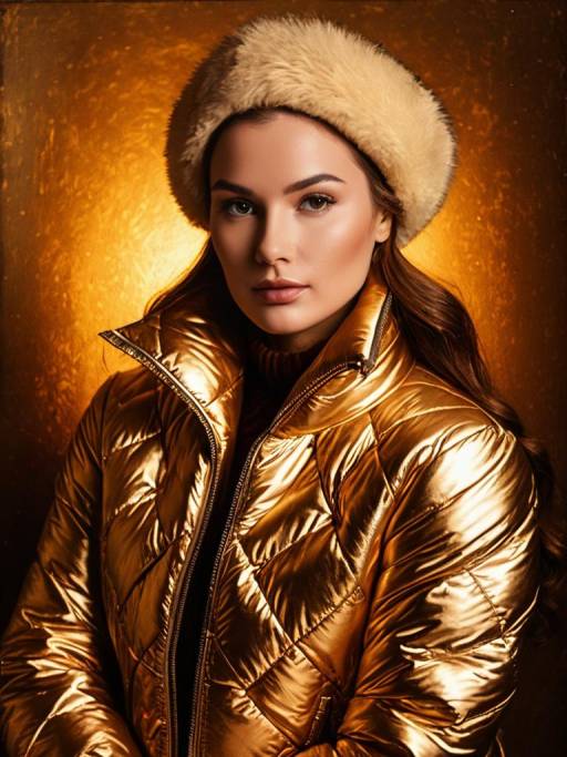 Woman in Gold Puffer Jacket and Fur Hat