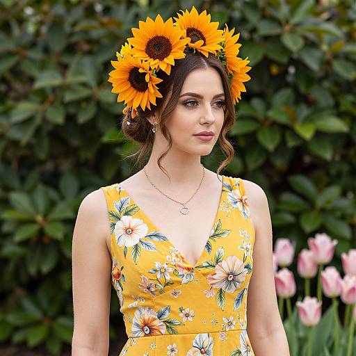 Photograph of a young woman with fair skin and brown hair, wearing a yellow floral dress and a sunflower headband, standing in front of green