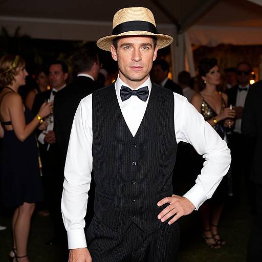 Photograph of a handsome man in a white shirt, black pinstripe vest, black bow tie, and straw hat, standing confidently at a dim