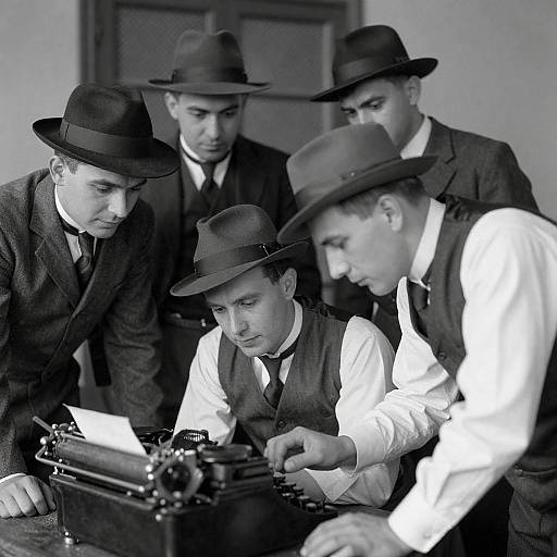 Five Men Around a Vintage Typewriter