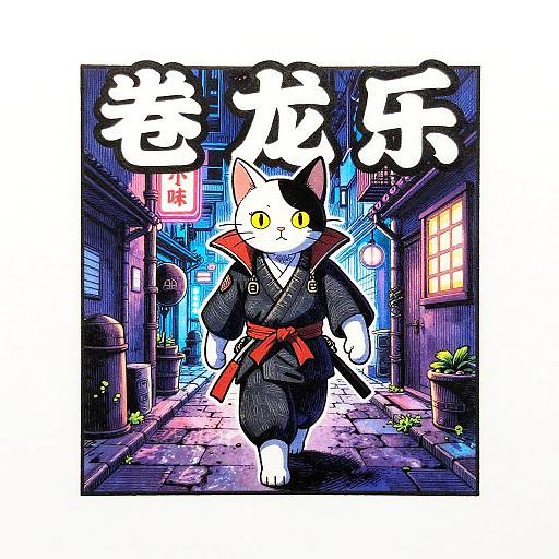 Cyberpunk Samurai Cat in Neon Alley