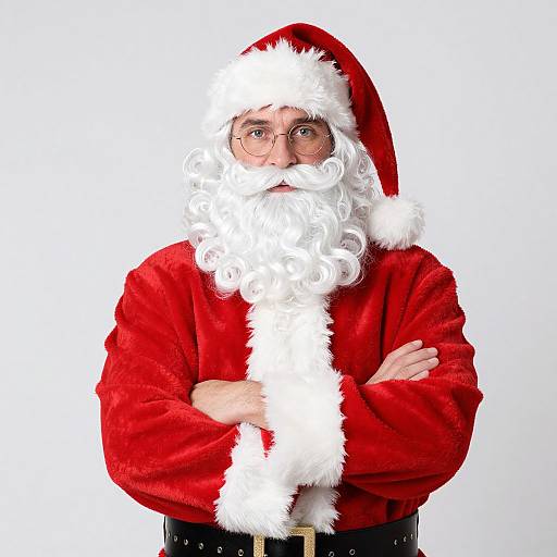 Photograph of a Santa Claus-like man with a white beard, round glasses, red velvet suit with white fur trim, and black belt, arms crossed