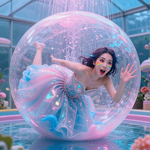 Photorealistic CGI of a surprised, dark-haired woman in a sparkling blue and pink dress, falling inside a glowing, transparent bubble, illuminated by colorful