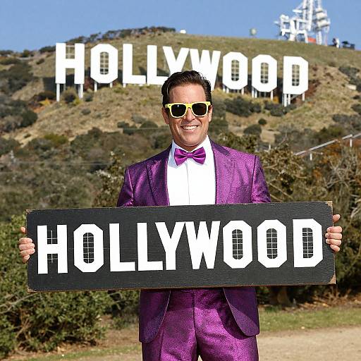 Photograph of a smiling man in a shiny purple suit, yellow sunglasses, and purple bow tie, holding a black sign with 