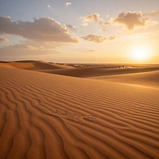 Photograph of a vast, rippled desert at sunset, with golden light, orange sand, three tiny figures in the distance, and a partly cloudy