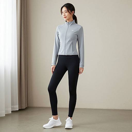 Photograph of an Asian woman with dark hair in a ponytail, wearing a light gray athletic jacket, black leggings, and white sneakers, standing in