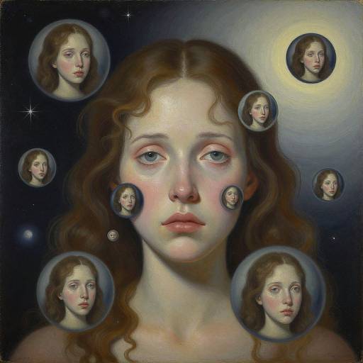 Digital painting of a pale, blue-eyed girl with wavy brown hair, surrounded by multiple circular portraits of herself, against a dark, starry background