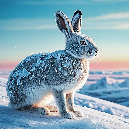Arctic Hare Covered in Ice Crystals on Snow