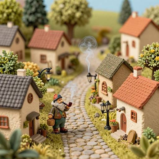 Photograph of a detailed, miniature village with a peasant in a hat, striped shirt, and overalls smoking a pipe on a cobblestone path