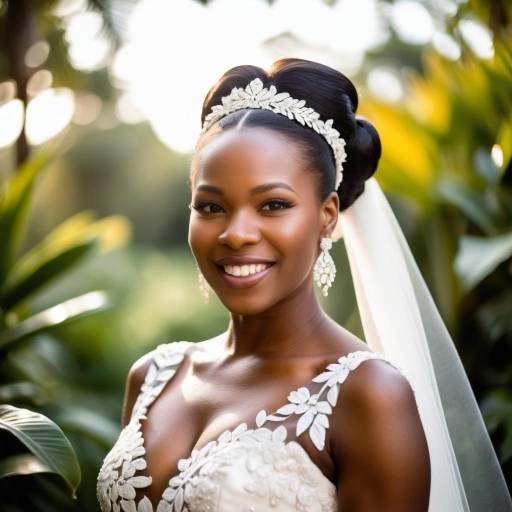 Smiling African Bride in Floral Wedding Dress