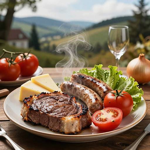 Photograph of a plate with grilled steak, smoked sausages, lettuce, tomatoes, cheese, and onion, set outdoors on a wooden table.