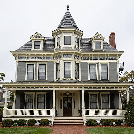 Photograph of a Victorian-style house with gray siding, white trim, a steeply pitched roof, and a wrap-around porch with white railings.