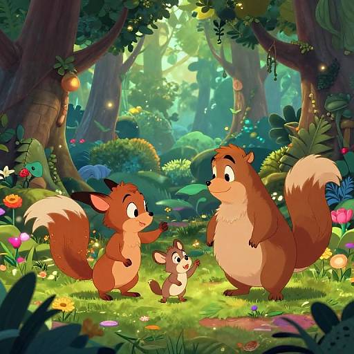 Digital illustration of three cartoon squirrels in a vibrant, sunlit forest clearing with colorful flowers, lush greenery, and towering trees.
