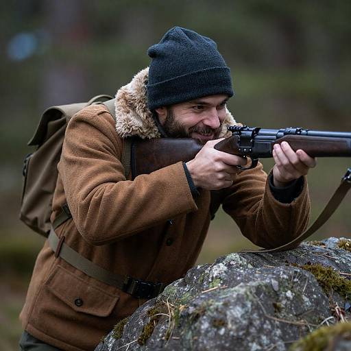 Bearded Man Aiming Rifle in Forest