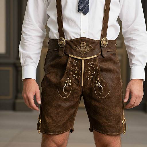 Photograph of a man's lower torso in white dress shirt, brown leather Bavarian shorts with gold embroidery and suspenders, blue tie.