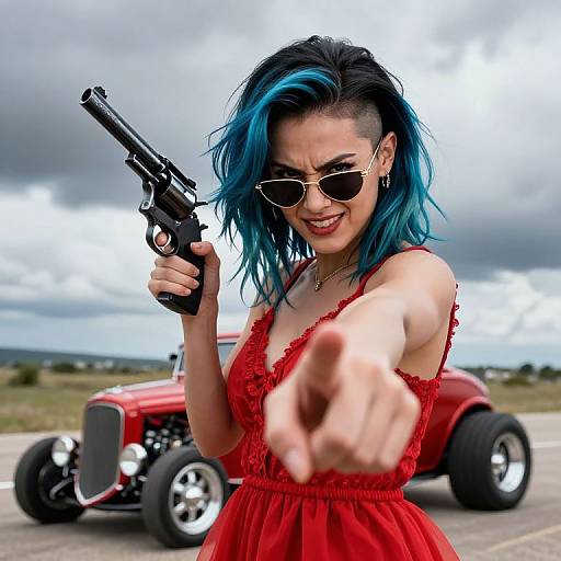 Photograph of a blue-haired woman with a mohawk, wearing sunglasses and a red lace dress, pointing at the camera while holding a gun, with