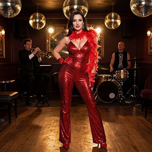 Photograph of a curvy woman in a sparkly red sequin jumpsuit with a feathered shoulder, red gloves, and heels, standing confidently