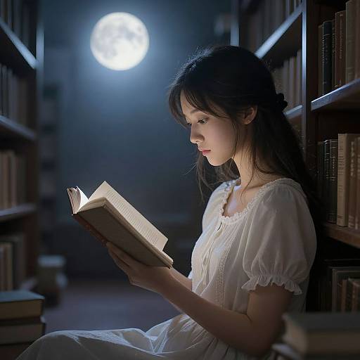 Photograph of a young Asian woman with long black hair, wearing a white, puffed-sleeve dress, reading a book in a moonlit