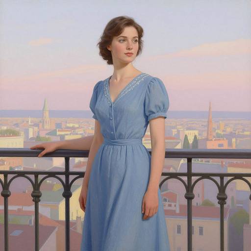 Digital painting of a fair-skinned woman with short brown hair in a blue, short-sleeved dress, standing on a balcony overlooking a pastel