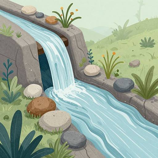 Digital illustration of a serene, cascading waterfall surrounded by grey rocks, lush greenery, and colorful flowers in a bright, sunny landscape.