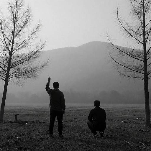 Silhouetted Figures in Foggy Landscape