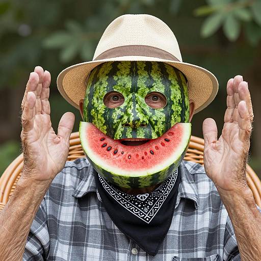 Whimsical Old Man with Watermelon Mask