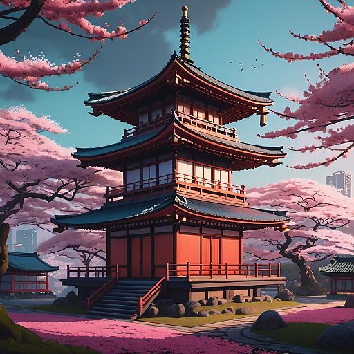 Japanese Pagoda with Cherry Blossoms