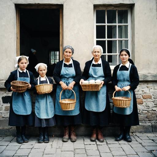 Group of women and girls in traditional attire with baskets