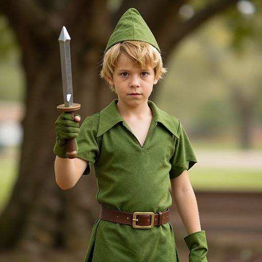 Photograph of a young blonde boy in a green elf costume holding a small sword, standing outdoors with a blurred tree background.