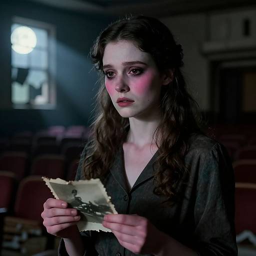Photograph of a pale, young woman with long brown hair, wearing a dark button-up shirt, holding a torn photograph in a dimly lit,