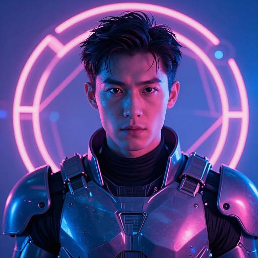 Digital CGI portrait of an Asian man with short black hair, wearing futuristic metallic armor, illuminated by neon blue and pink lights.