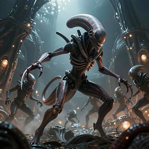 CGI image of a muscular, menacing Xenomorph with a sleek, elongated head, standing in a dark, futuristic, industrial alien cave,