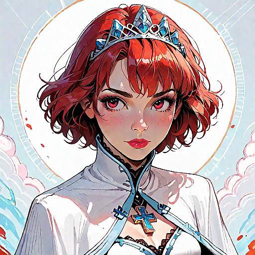 Digital anime-style drawing of a red-haired woman with a tiara, white cape, and blue cross necklace, set against a glowing circular background.