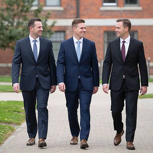 Photograph of three smiling, well-dressed men in black suits and ties walking on a brick path, with a red-brick building and green lawn