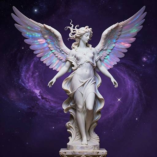 Photorealistic digital artwork of a silver-winged angel statue with iridescent feathers, flowing dress, and curly hair, set against a starry