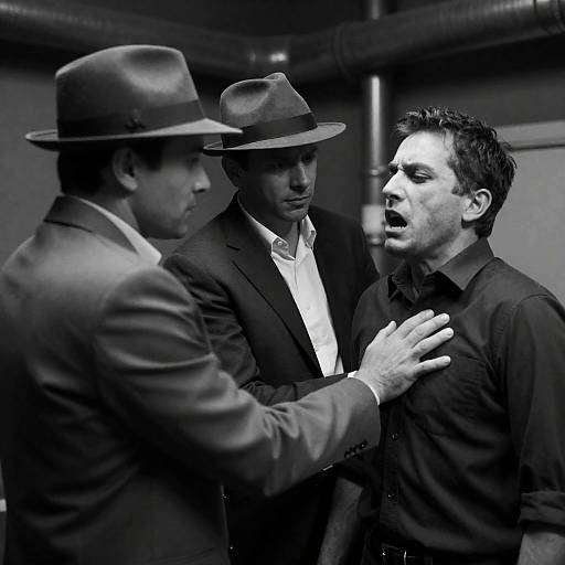 Black-and-white scene of confrontation with three men