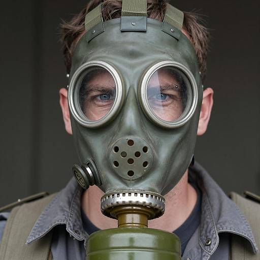Intense Portrait of Man in Gas Mask