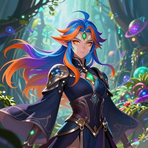 Digital anime-style drawing of a fierce, blue-haired elf with orange highlights, wearing dark armor and a glowing green gem, in a vibrant, mystical forest